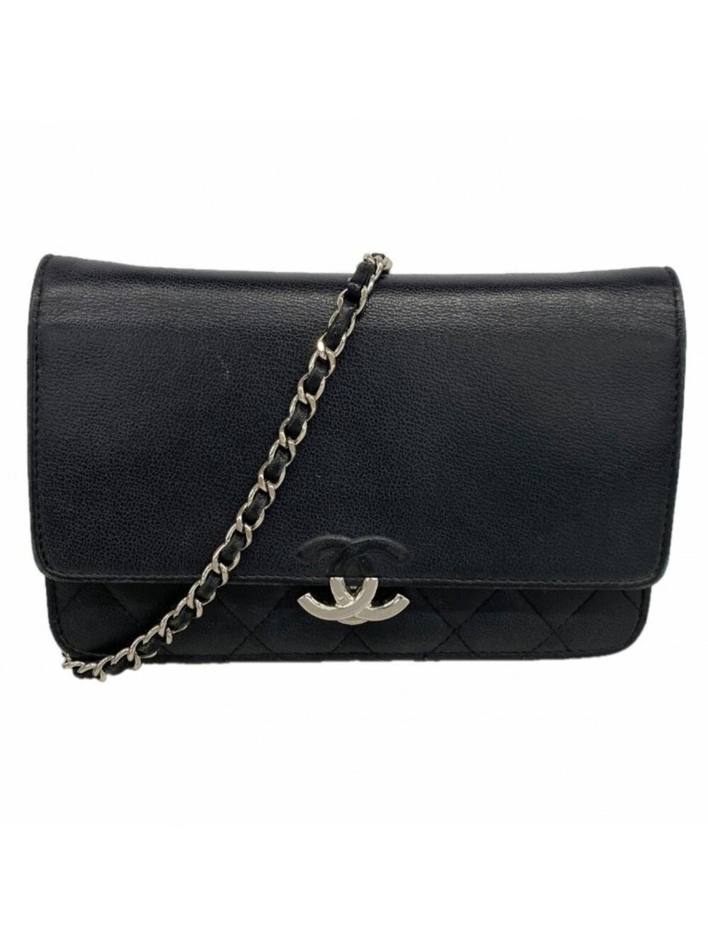 Chanel Shoulder Wallet Quilted Caviar Leather Black Silver